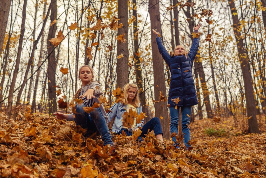 Children dressed in blue throwing autumn leaves into the air in the forest